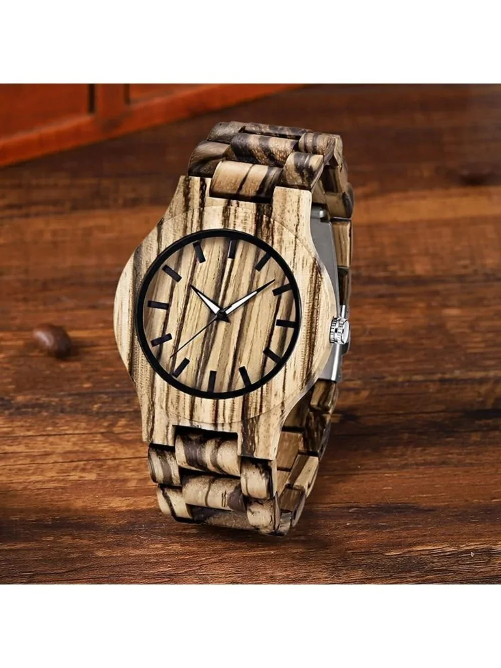 Men's Light Brown 100% Manual Retro Wrist Analog Quartz Handmade Wooden Watch